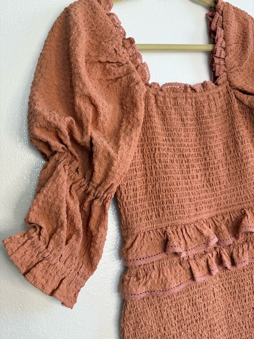 Rachel Parcell Bubble Crepe Smocked Ruffle Midi Dress XS Dusty Peach - Picture 5 of 16